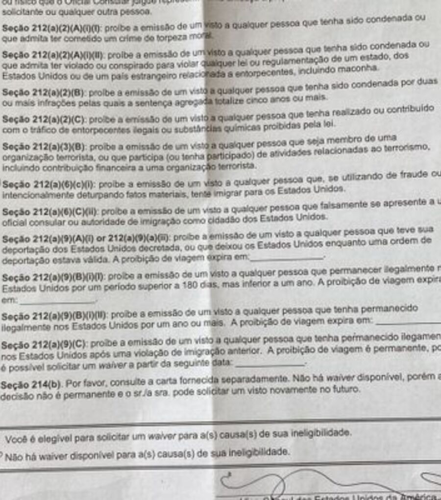 Imagem Carta negativa visto americano 212a